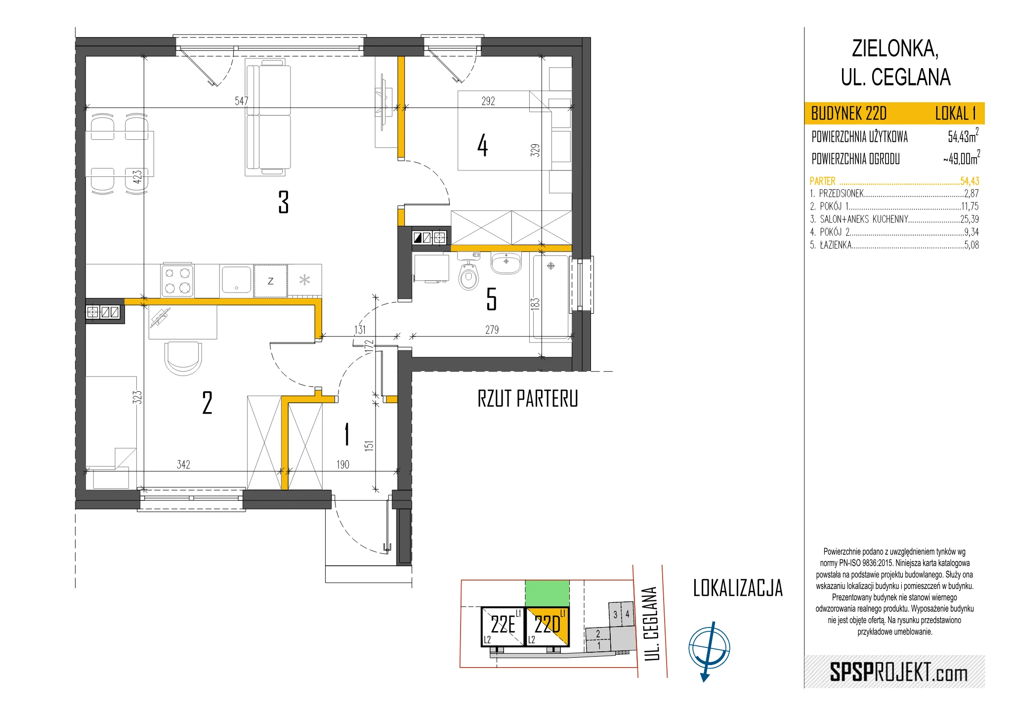 Rzut lokalu 22D/1 — parter, 54,43 m²