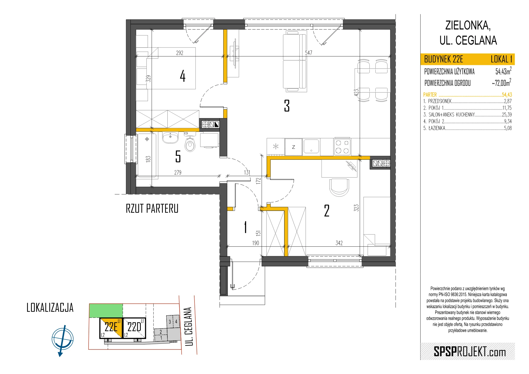 Rzut lokalu 22E/1 — parter, powierzchnia 54,43 m²